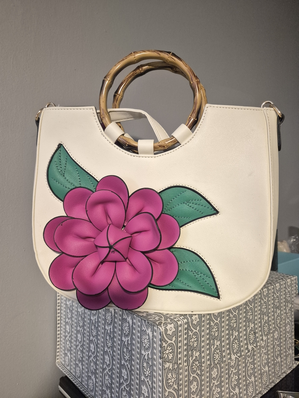 Handbag with Pink Flower and Bamboo Handles